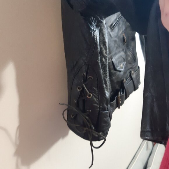 Rare Vintage Black Leather Bicker Jacket Great Seal of Oklahoma 1907 Snaps Large - Picture 3 of 17